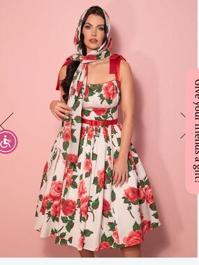 1950S SWING SUNDRESS AND SCARF IN RED VINTAGE ROSES - VIXEN BY MICHELINE PITT